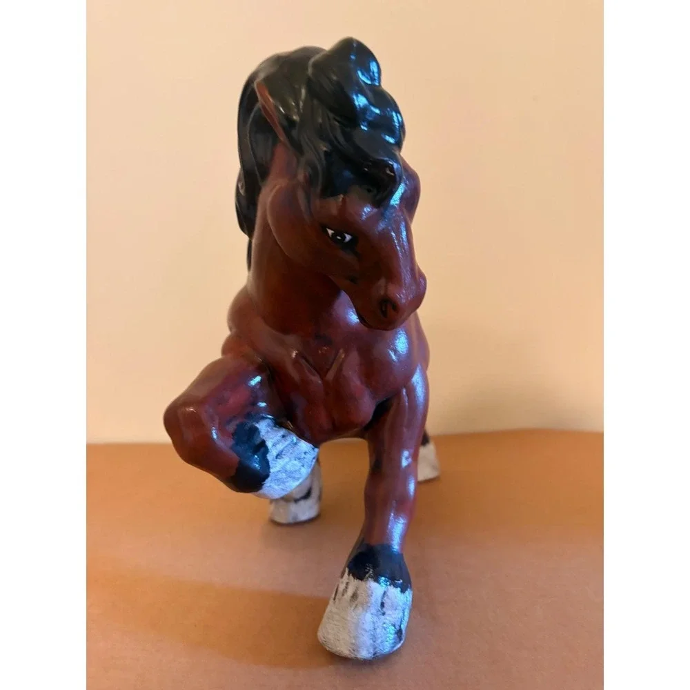 Vintage‎ Hand Painted Ceramic Horse Figurine Chestnut Brown Prancing Clydesdale